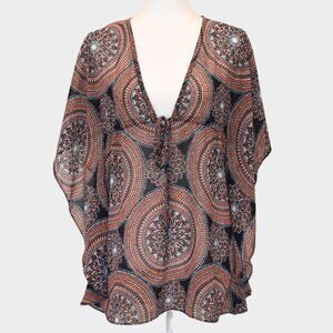 BANANA REPUBLIC Mandala Print Sheer Tunic Black/Orange Size XS